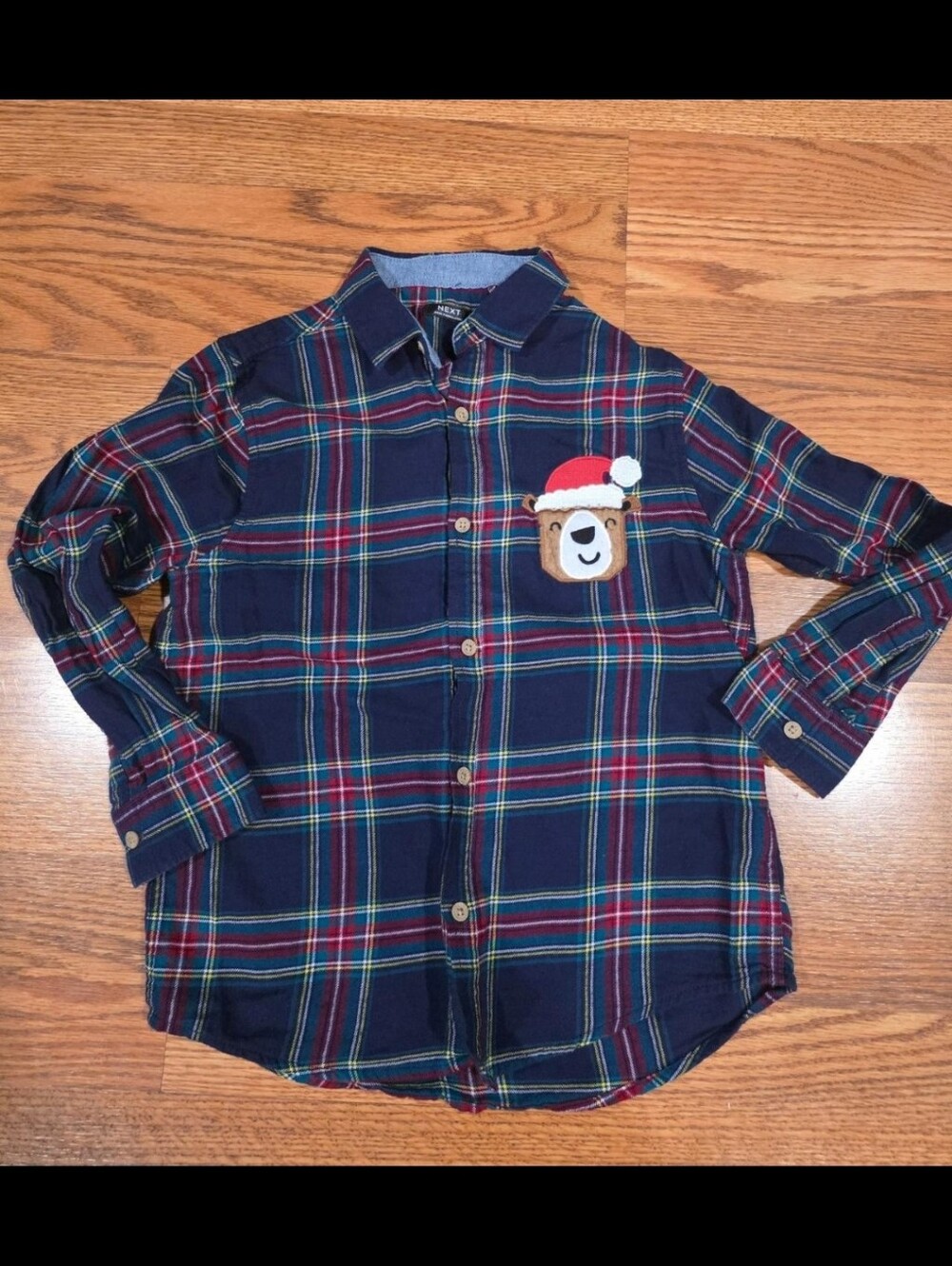 Boys Christmas Bear Plaid Button Up Shirt